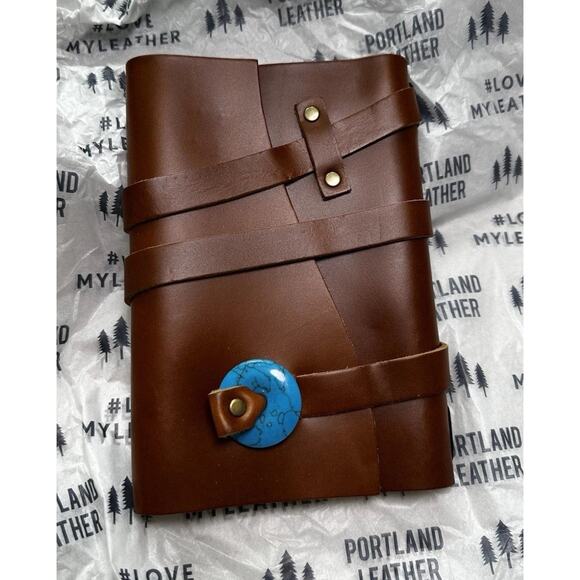 New Portland Leather Medium Wrap Journal Brown w/ Blue Stone Embellishment - Picture 1 of 3